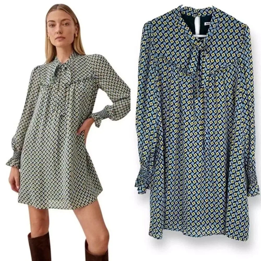 REFORMATION Cyril Mosaic Mod Mini Dress S Green TieFront Abstract Square Pattern